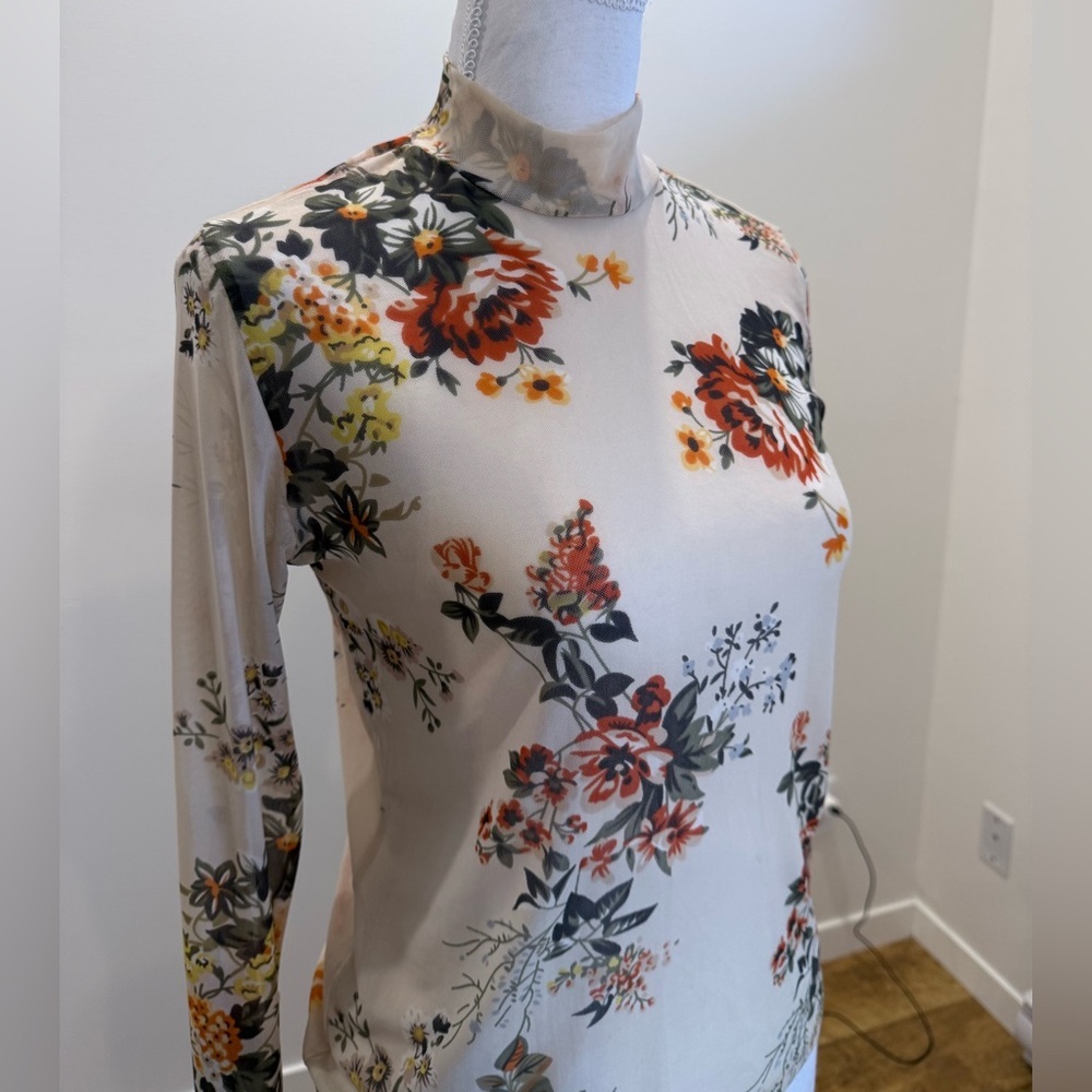 Lee Cooper Fairy Grunge Mesh Mockneck Floral Top size Medium Y2K Bohemian Sheer - Picture 3 of 11